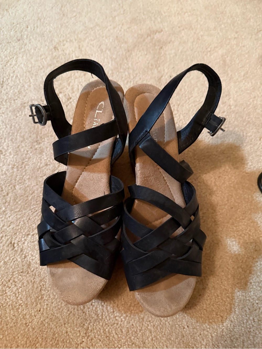 C Laundry Black Strappy Wedge Sandals with Crossed Front Straps